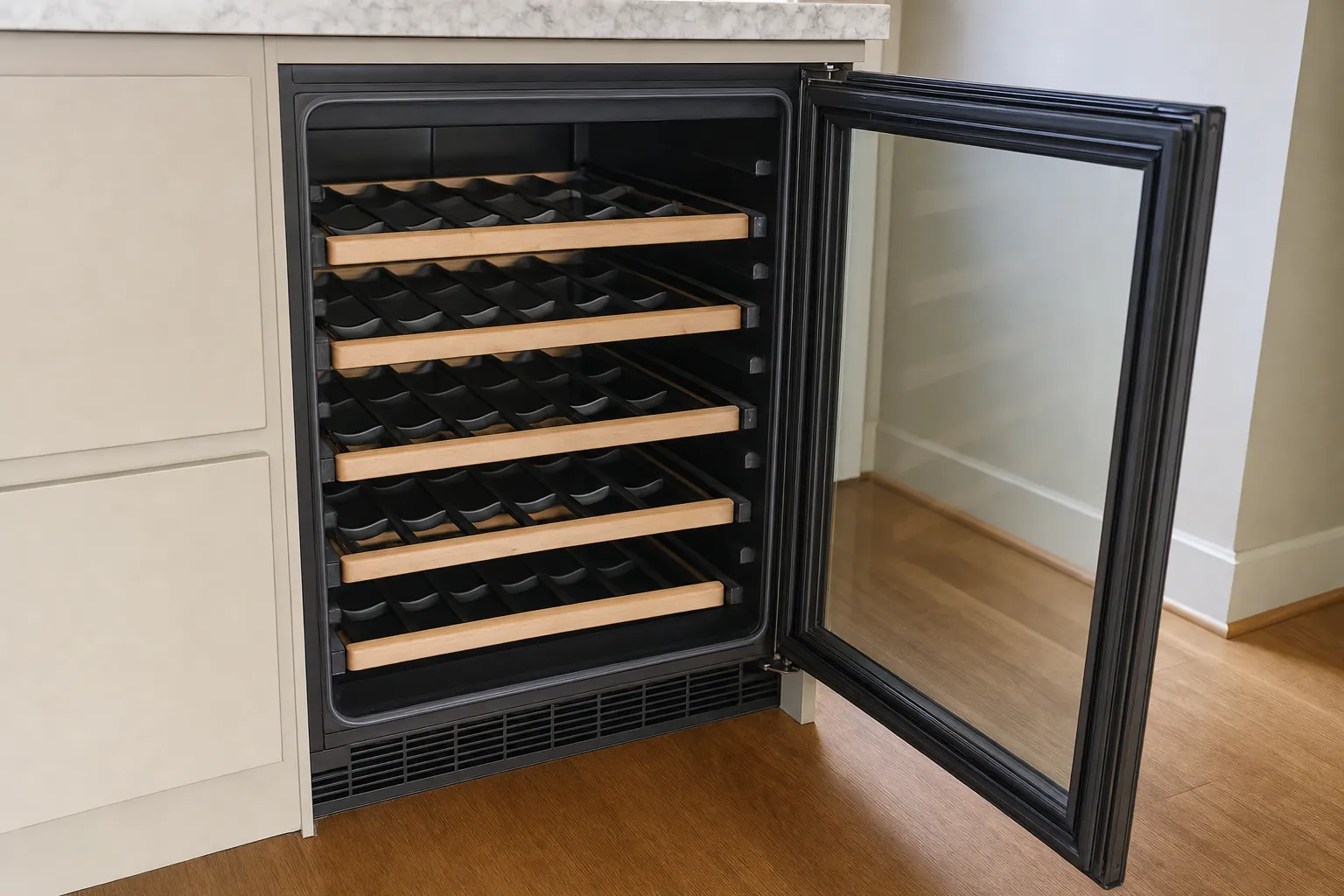 Undercounter wine cooler set into cabinetry, glass door open on empty timber bottle racks