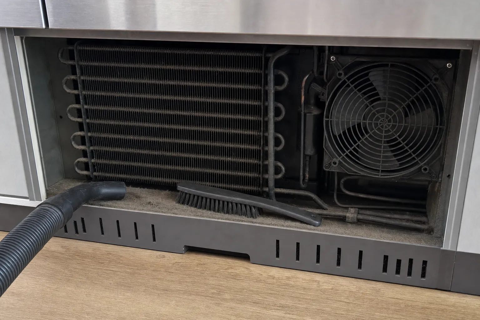 Lint-matted condenser coil and fan behind the removed lower grille of a stainless built-in, vacuum hose alongside